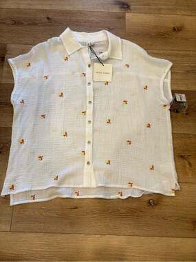 Women’s White Button-Down Gauze Shirt w/ Yellow Floral Embroidery-100% Cotton-L